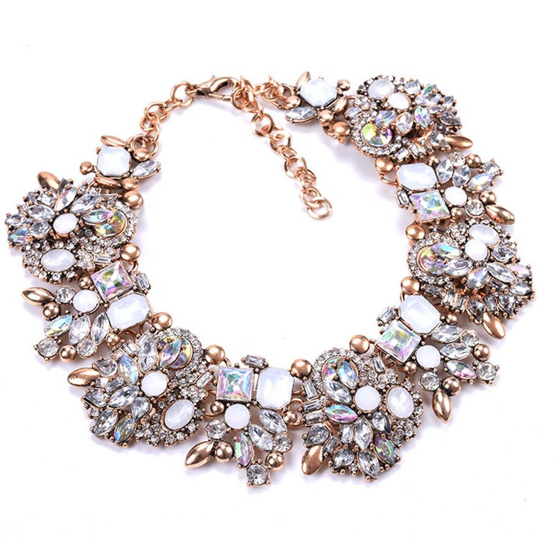 Zthread Bib Statement Necklace Rhinstone Beads Collar Necklace Colorful Crystal Choker Collar Necklace Women Fashion Jewelry Necklace (White) - Image 4